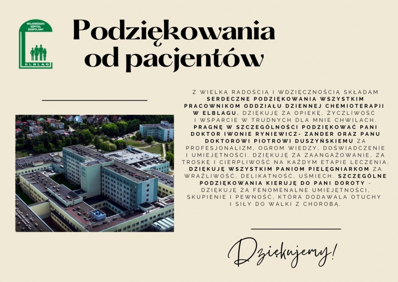 Podziękowania dla pracowników Oddziału Dziennej Chemioterapii WSZ w Elblągu 