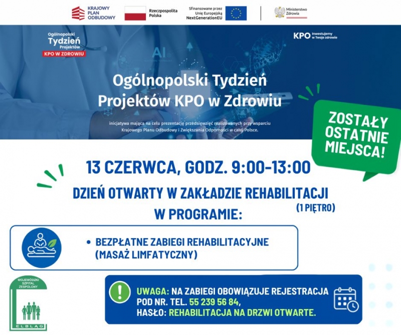 Trwa Ogólnopolski Tydzień Projektów KPO w Zdrowiu - zapraszamy na Dzień Otwarty Zakładu Rehabilitacji WSZ w Elblągu