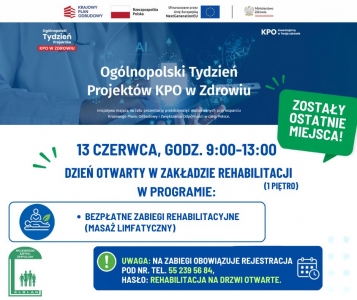 Trwa Ogólnopolski Tydzień Projektów KPO w Zdrowiu - zapraszamy na Dzień Otwarty Zakładu Rehabilitacji WSZ w Elblągu